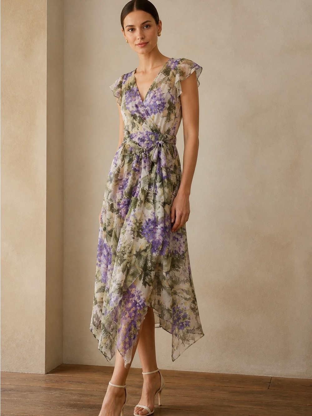 WHBM Flutter Sleeve Hydrangea Printed Dress
